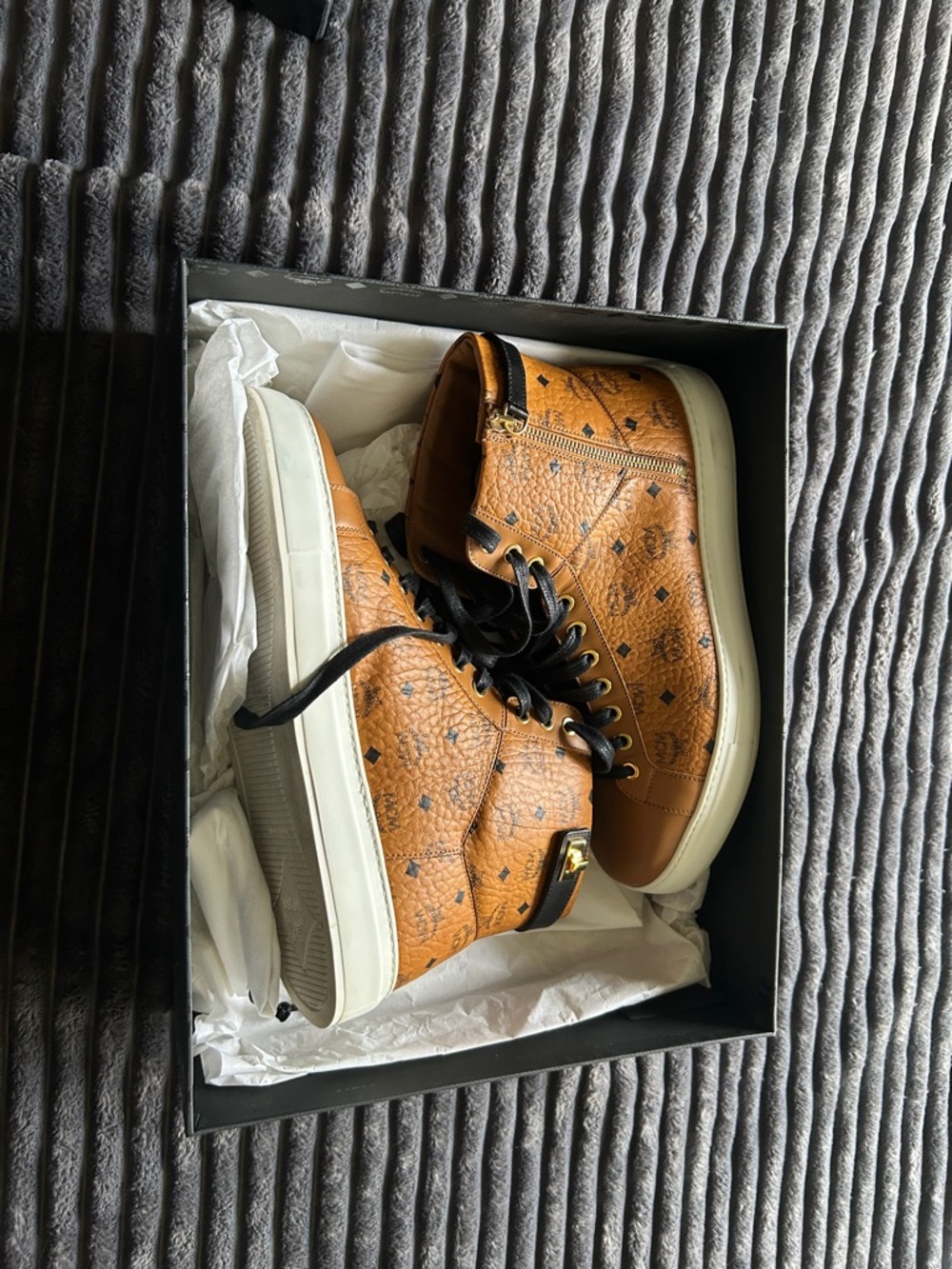 MCM Cognac/Tan Monogram High-Top Sneakers with Black Accents